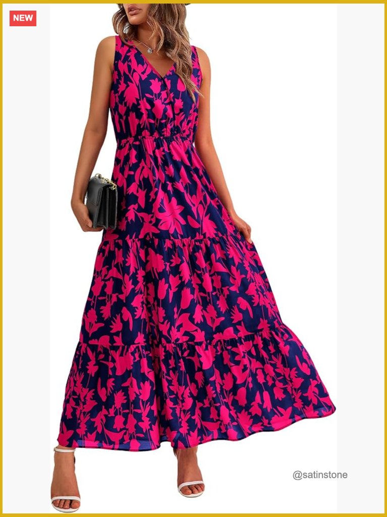 Sleeveless Floral Maxi Dress With V Neck And Elastic High Waist
